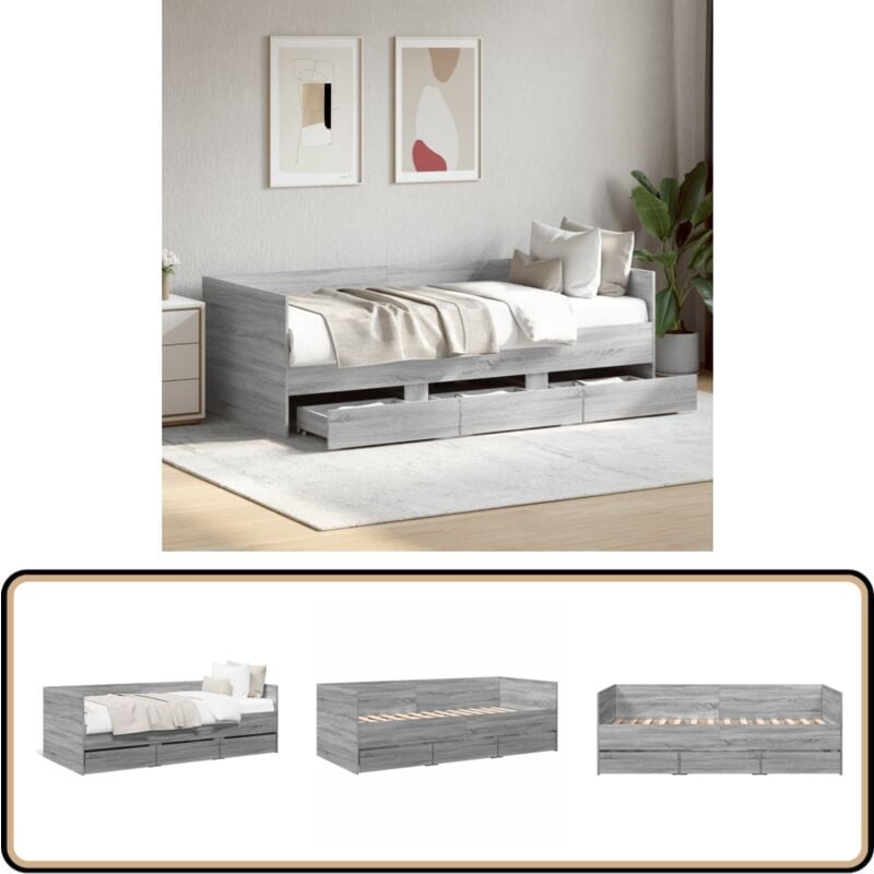 Lit de jour avec tiroirs sans matelas sonoma gris 75x190 cm - Lit Deux Places - Canapé Lit - Meuble Multifonctionnel - Rangements Intégrés - Tiroir