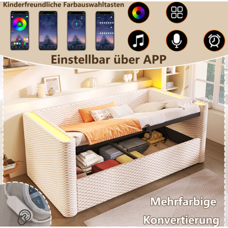 Lit de jour, canapé-lit, 90 x 200 cm, avec éclairage LED, mécanisme de rangement hydraulique, sommier à lattes (sans matelas), velours, beige