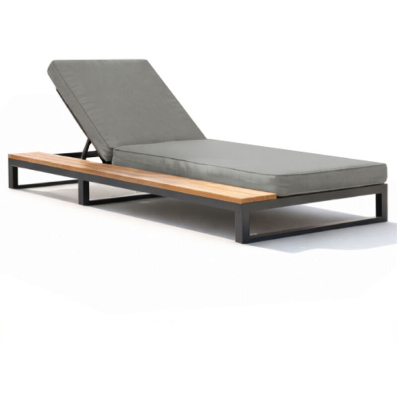 Lit de jour d'extérieur multifonctionnel, chaise longue imperméable avec étagères, dossier inclinable, gris, côté gauche