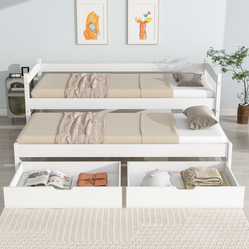 Lit de jour lit gigogne avec 2 tiroirs - 90 x 200/190 cm, lit adulte, lit enpant sans matelas, Blanc