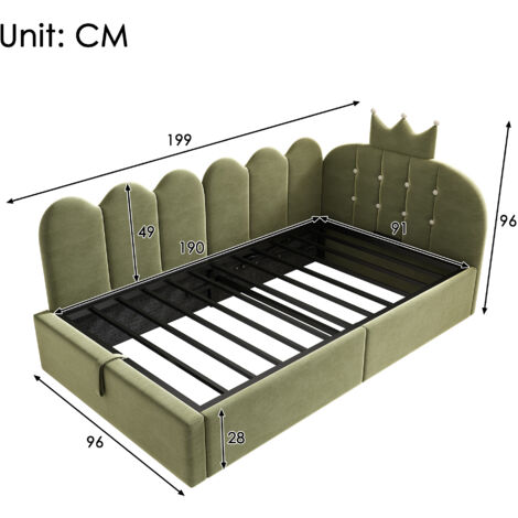 Lit de jour rembourré 90x190 cm avec rangement hydraulique. Style en L velours motif grille,adapté chambre d’amis vert sans matelas.