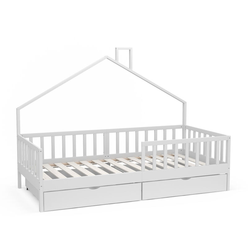 Lit de maison Justus, Blanc, 90x200 cm 2 tiroirs Vitalispa