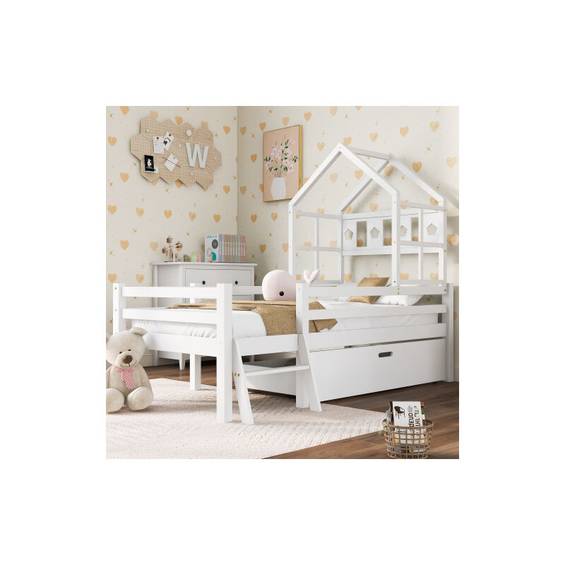 Lit de maison Lit d'enfant avec échelle et tiroirs, sommier à lattes inclus,Lit surélevé en bois massif avec protection antichute 90x200cm Blanc(Sans