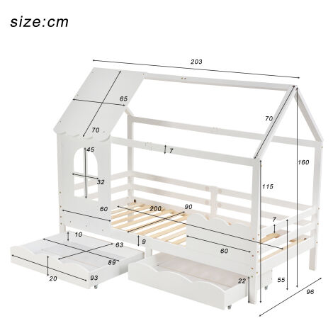 Cadre de lit simple Mitogo pour sommier 90x200cm avec 3 casiers de  rangement Chêne clair