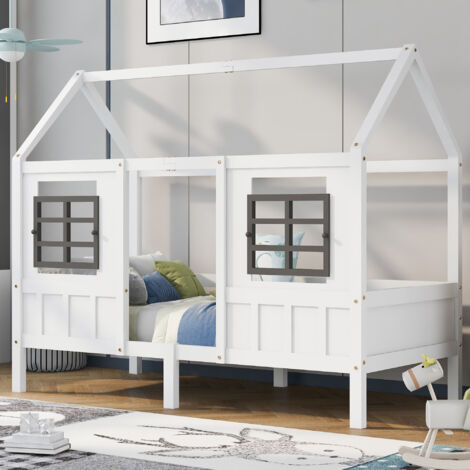 Lit de maison,lit simple,lit de jour,lit de camp avec 2 fenêtres,cadre en pin,MDF,blanc (200x90cm)