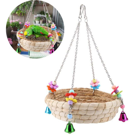 Lit de nid d'oiseau nid de paille naturel tissé à la main nid de paille lit balançoire jouet avec 4 cloches en métal jouets pour perruches calopsittes perroquets perruches jouets de cage