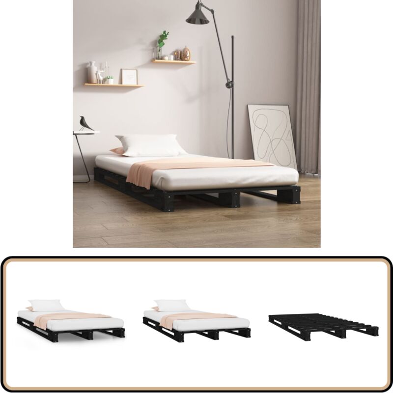 Lit de palette sans matelas noir bois massif - Lit Plateforme - Lit Design - Lit Bois Massif - Lit Simple - Lit Petit Simple