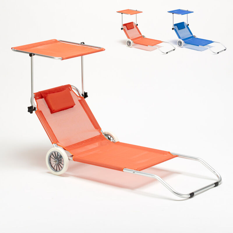 Transat de plage pliant en aluminium avec roues et pare soleil Banana Couleur: Orange