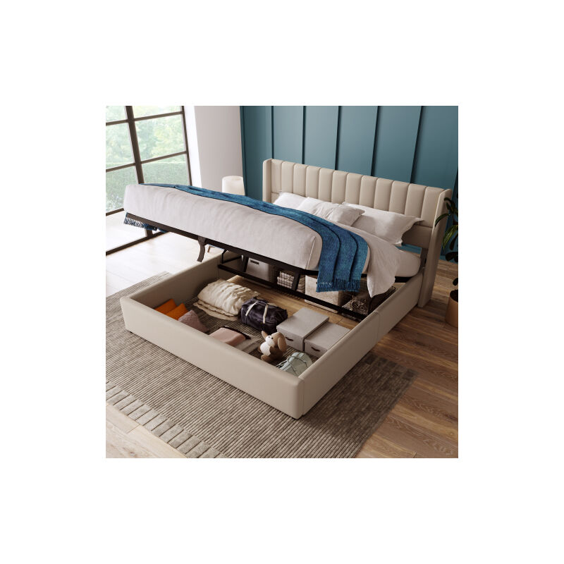 Lit de rangement Lit rembourré hydraulique lit double 140x200cm, sommier à lattes en bois, lit avec sommier à lattes en métal, lin, beige