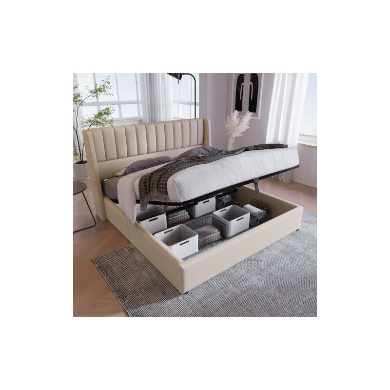 Lit de rangement Lit rembourré hydraulique Lit double 180x200cm, sommier à lattes en bois, Lit avec sommier à lattes en métal, lin, Beige