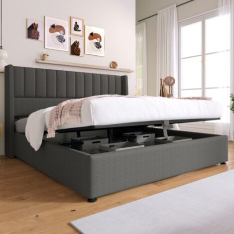 Lit de rangement Lit rembourré lit double hydraulique 180x200cm, sommier à lattes en bois, lit avec sommier à lattes en métal, lin, gris