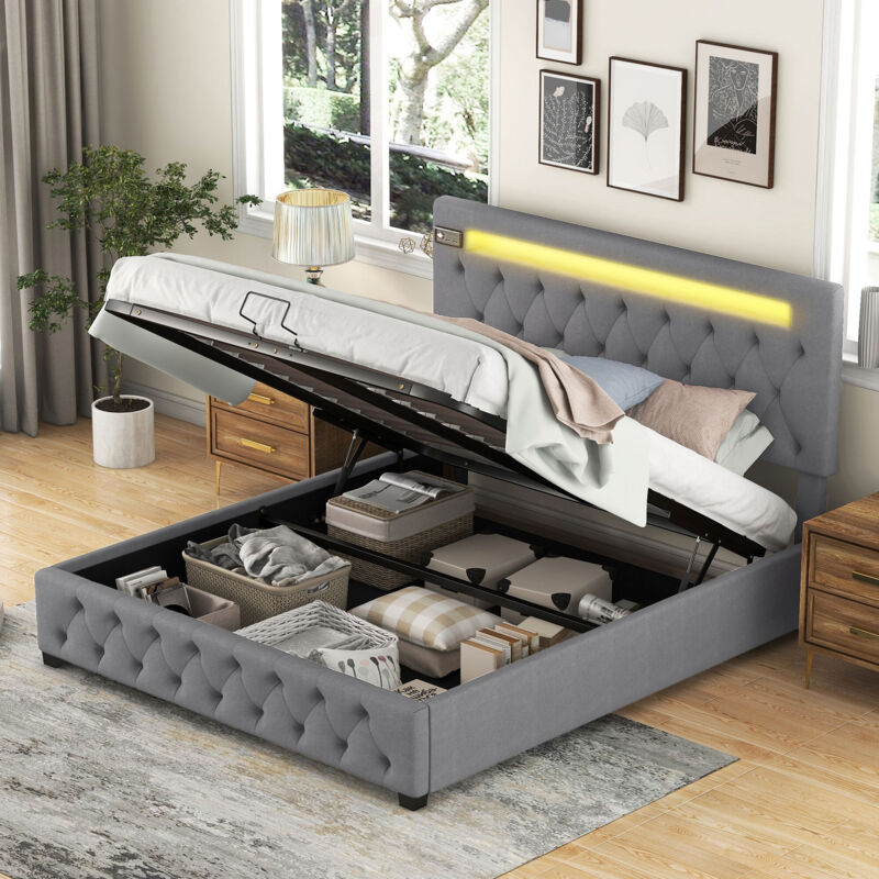 Lit de rangement, lit rembourré usb, led, lecteur Bluetooth, rangement, 140x200cm, tête de lit réglable, Gris