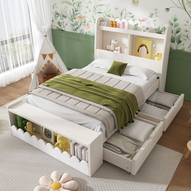 Lit de rangement pour enfants 90 x 190 cm, avec tiroirs, étagères et espace de rangement, cadre et sommier à lattes en bois, blanc avec couleur chêne