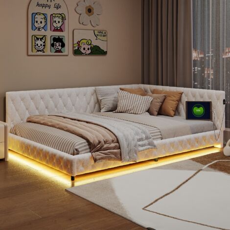 Lit de repos 140 x 200 cm avec sommier,Lit gigogne,canape lit 2 Places, lit ado,avec LED et recharge USB,Tissu polaire Teddy,beige