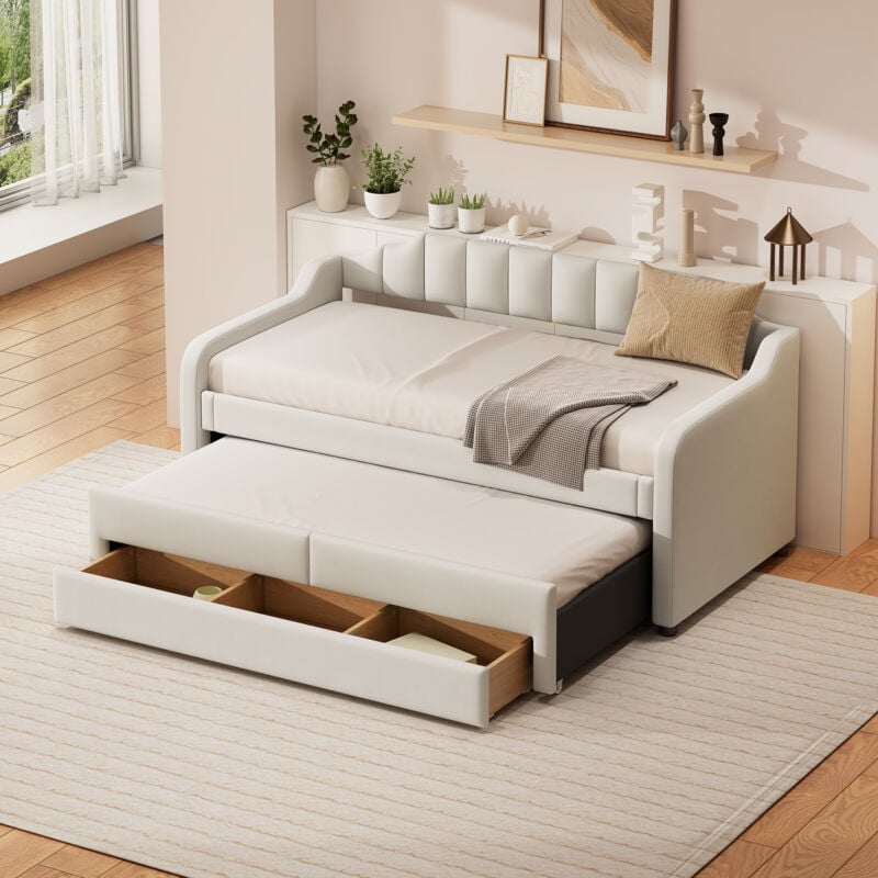 Lit de repos 90 cm x 200 cm (190 cm), lit de repos simple rembourré avec rangement escamotable, lit de repos avec tiroirs, beige