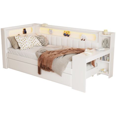 Lit de repos 90x200 cm avec lit gigogne bureau éclairage led ports usb, daybed multifonction gain de place chambre ado, structure bois tissu blanc