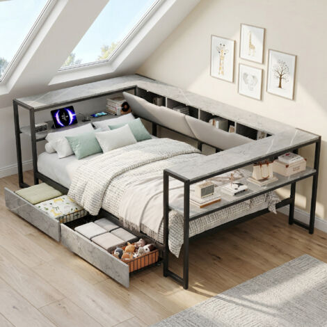 Lit de repos convertible 90x200 avec station de charge USB & Type-C, canapé-lit, lit pour ado avec 2 tiroirs et sommier métallique, couleur béton
