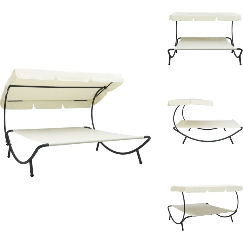 Lit de repos d'extérieur avec auvent Blanc crème - Bain De Soleil - Chaise Longue - Mobilier De Jardin - Transats - Parasol