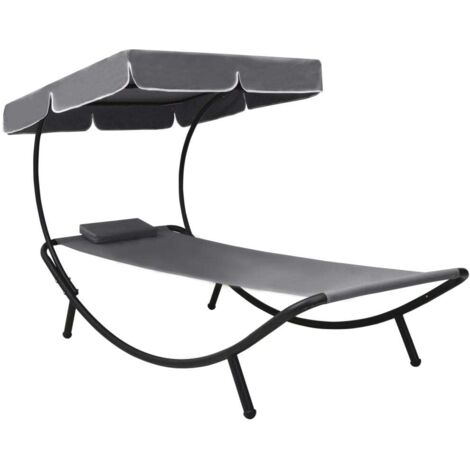 Lit de repos d'extérieur，Transat， bain de soleil avec auvent et oreiller Gris XZZZ731479