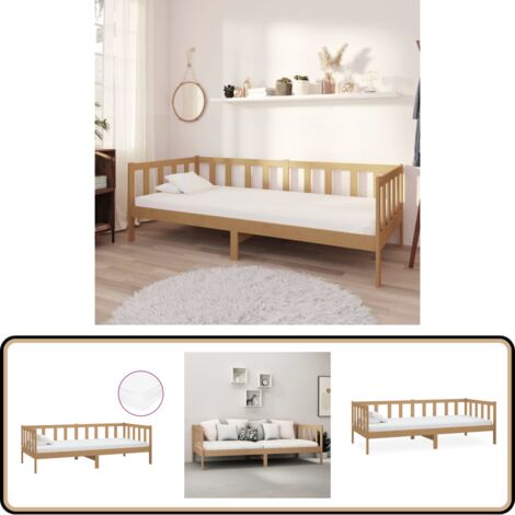 Lit de repos et matelas 90x200cm Marron miel Bois de pin massif - Lit Convertible - Canapé Lit - Lit Bois - Meuble Chambre - Literie