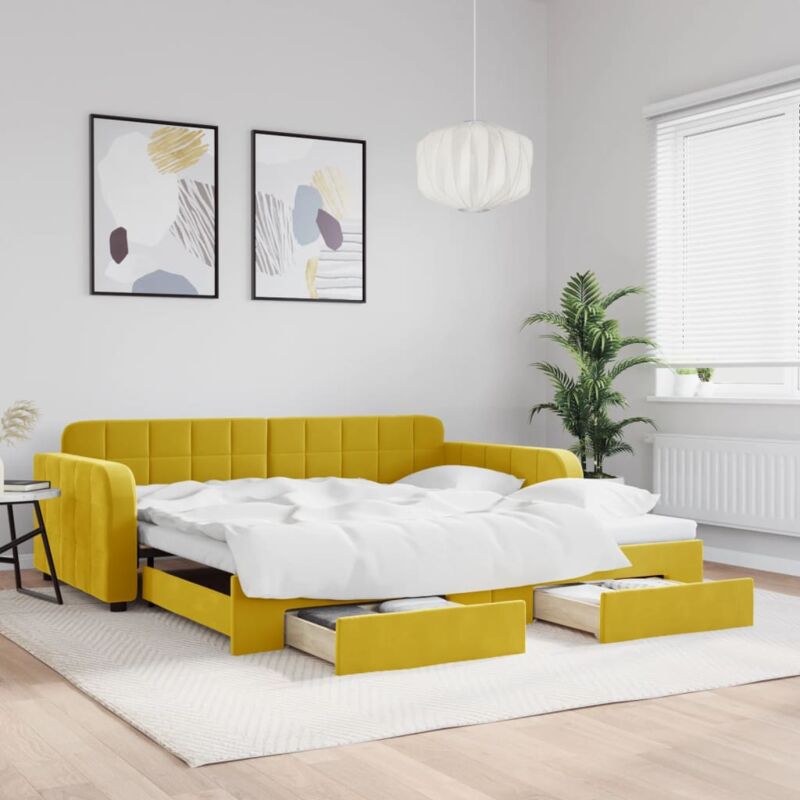Lit de jour avec gigogne et tiroirs jaune 100x200 cm velours Vidaxl