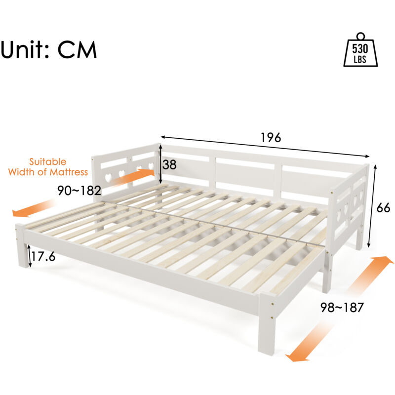 Ohjijinn - Lit de repos, lit gigogne, 90190cm, pin massif, avec 2ème lit et cadre enroulable, lit coeur, blanc