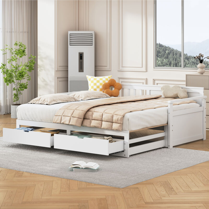 Okwish - Canapé-lit 90/180x190 cm lit multifonctionnel 2 en 1 avec lit en pin, lit gigogne et tiroirs, en bois massif, blanc, sans matelas