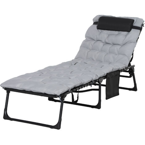 Lit de repos pliant inclinable avec coussin, appuie-tête, poche latérale 58x189x32,5 cm gris clair
