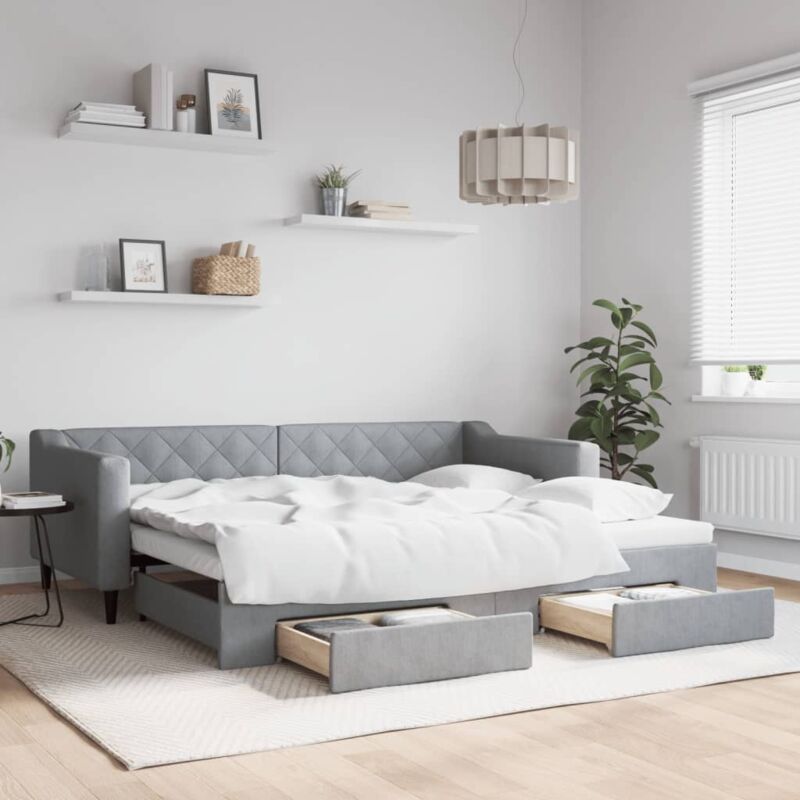 Jinlefu - Lit de jour avec gigogne et tiroirs gris clair 90x200 cm tissu