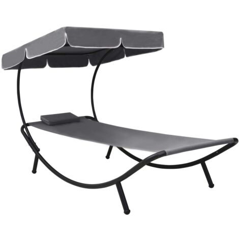 Lit de repos transat chaise longue d'extérieur 200 cm avec auvent et oreiller gris