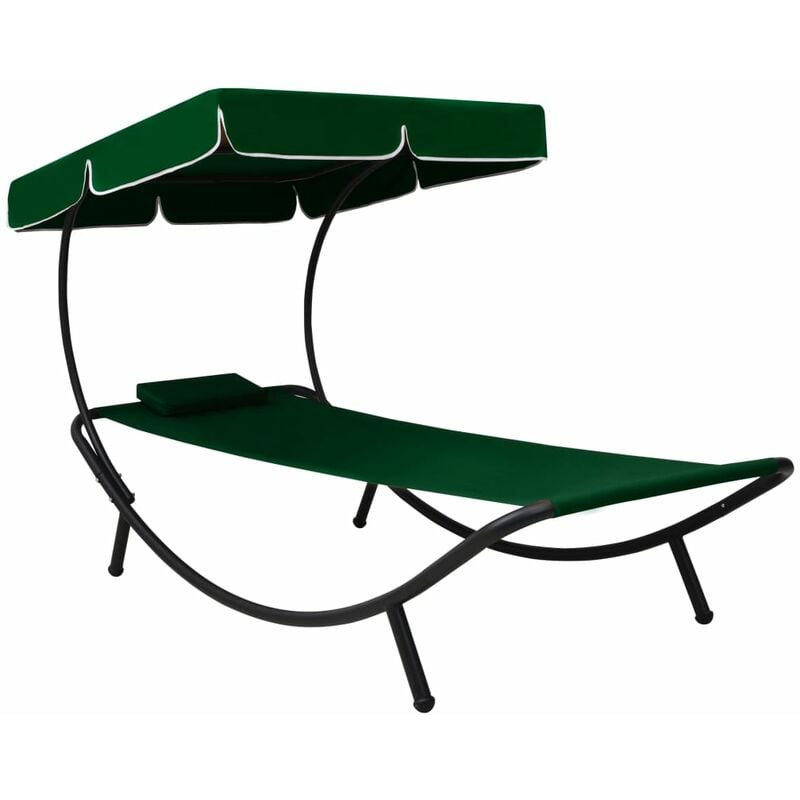 Lit de repos transat chaise longue d'extérieur 200 cm avec auvent et oreiller vert