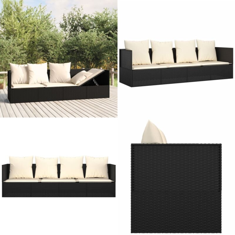 Lit de salon d'extérieur avec coussins Noir Résine tressée - Chaise Longue - Lit De Salon Extérieur - Meubles De Jardin - Transats - Mobilier