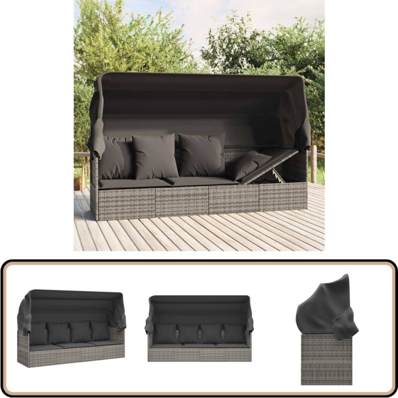 Lit de salon d'extérieur toit et coussins Gris Résine tressée - Lit De Salon Extérieur - Chaise Longue - Transat - Meubles De Jardin - Mobilier