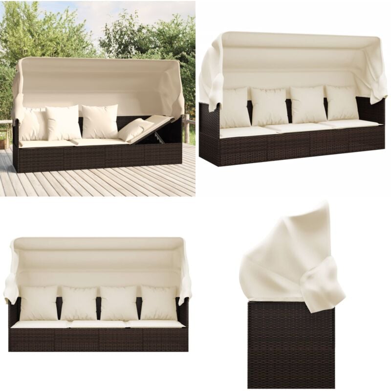 Lit de salon d'extérieur toit et coussins Marron Résine tressée - Lit De Salon Extérieur - Chaise Longue - Meubles De Jardin - Mobilier D'extérieur
