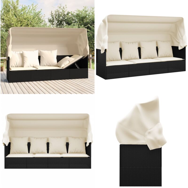 Lit de salon d'extérieur toit et coussins Noir Résine tressée - Lit De Salon Extérieur - Chaise Longue - Meubles De Jardin - Parasol Intégré - Résine