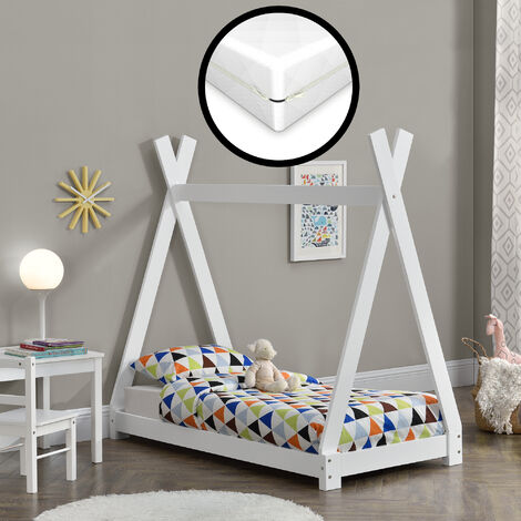 Lit de Tipi avec Matela d'enfant Bois Naturel avec Sommier Matela Hypoallergénique Imperméable Fabriqué en EU Mousse froid Antiallergique Couleur Blanc 70 x 140 cm