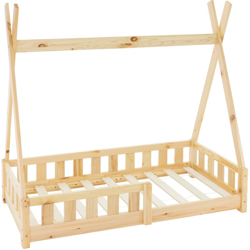 Lit d'Enfant Tipi Nature Avec Protection Contre Les Chutes En Pin Massif Naturel 140x70 cm Sommier à Lattes Et Grille De Sécurité Style Maison Indien