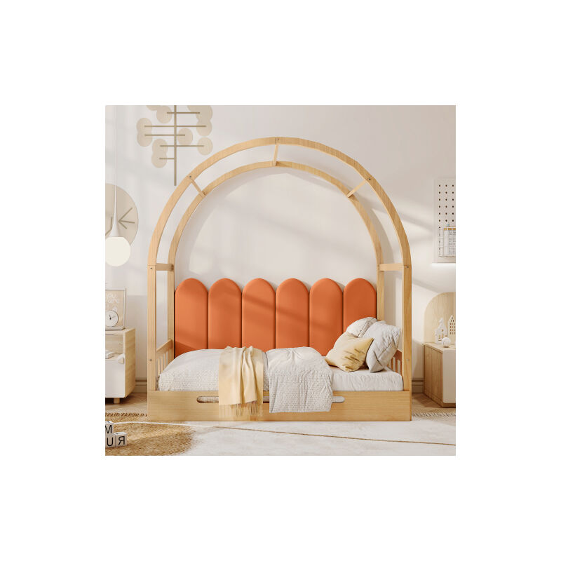 Lit de toit voûté extensible, lit coulissant, lit bébé, canapé - lit, lit double, coussins en velours, cadre en pin, naturel et orange (140x100cm et