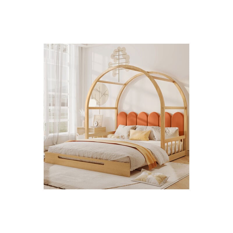 Groofoo Lit de toit arqué extensible, lit gigogne, lit bébé, lit de jour, lit double, oreiller en velours, cadre en bois de pin, naturel et orange