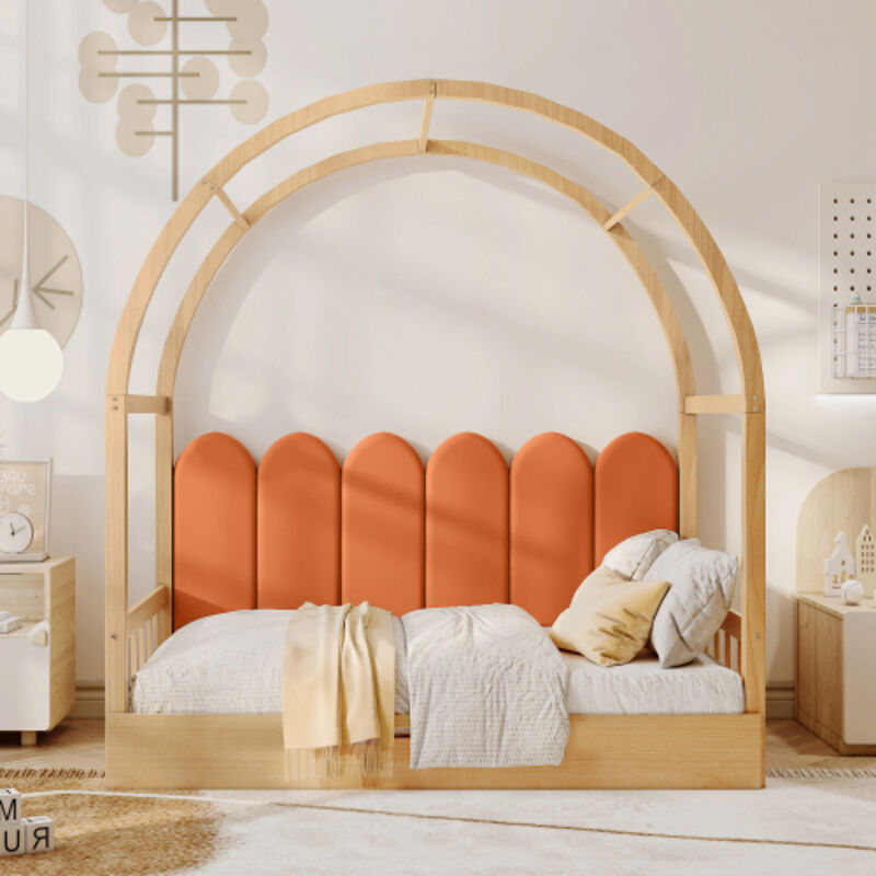 Lit extensible avec toit arqué, lit gigogne, lit double, oreiller en velours, cadre en bois de pin, naturel et orange (140x100cm&140x200cm)