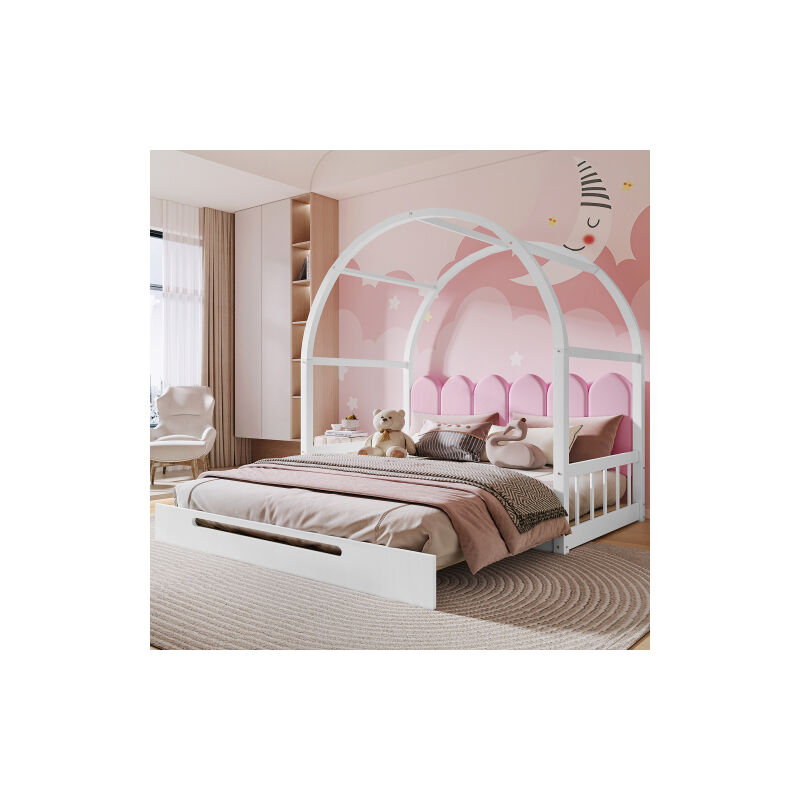 Lit de toit voûté extensible, lit coulissant, lit double, coussins en velours, cadre en pin, blanc + rose (140x100cm et 140x200cm)