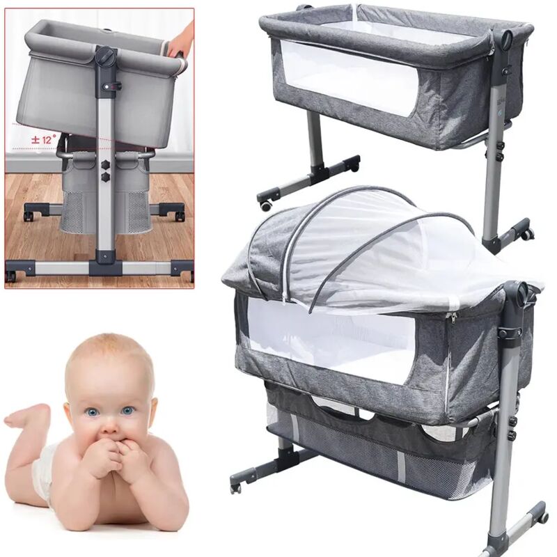 Lit de voyage 3 en 1 : co-couchette, couffin, lit indépendant, lit amovible, nacelle réglable en hauteur, capacité de charge de 25 kg, gris