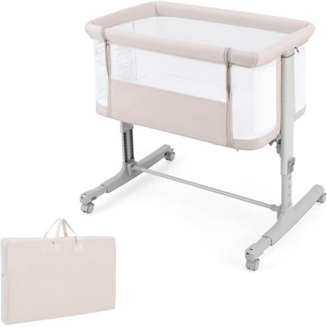 Lit de voyage pliable pour bébé avec 5 hauteurs réglables, baignoire pour bébé avec matelas, lit de voyage à roulettes avec sac de transport, capacité de poids 9 kg, 0-6 mois (Beige)