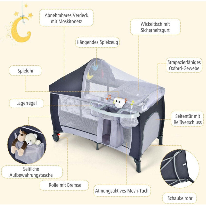 Northix - Lit de voyage pliant et berceau bebe 4 en 1 123 x 63 x 76 cm gris