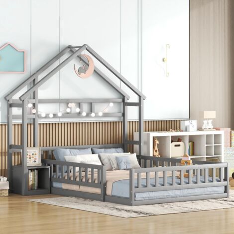 Lit d'enfant 140 x 200 cm, lit domestique avec barrières, lit d'enfant avec tête de lit-Gris