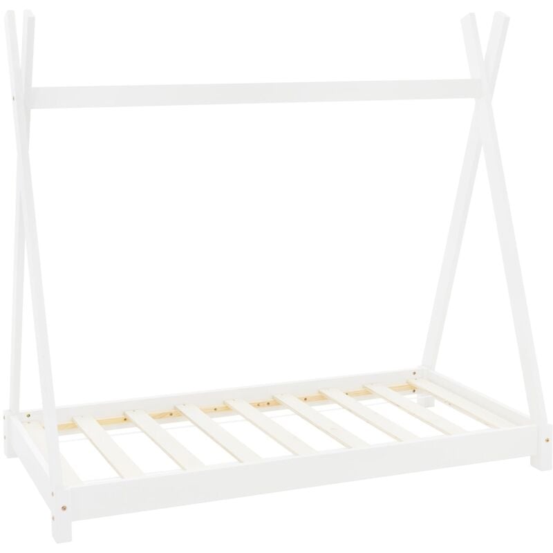 Lit d'Enfants Tipi 70x140 cm avec Sommier à Lattes, en Bois Massf Blanc, Lit Tente Indien, Cadre de Lit pour Fille et Garçon, Stable, Robuste, Lit de