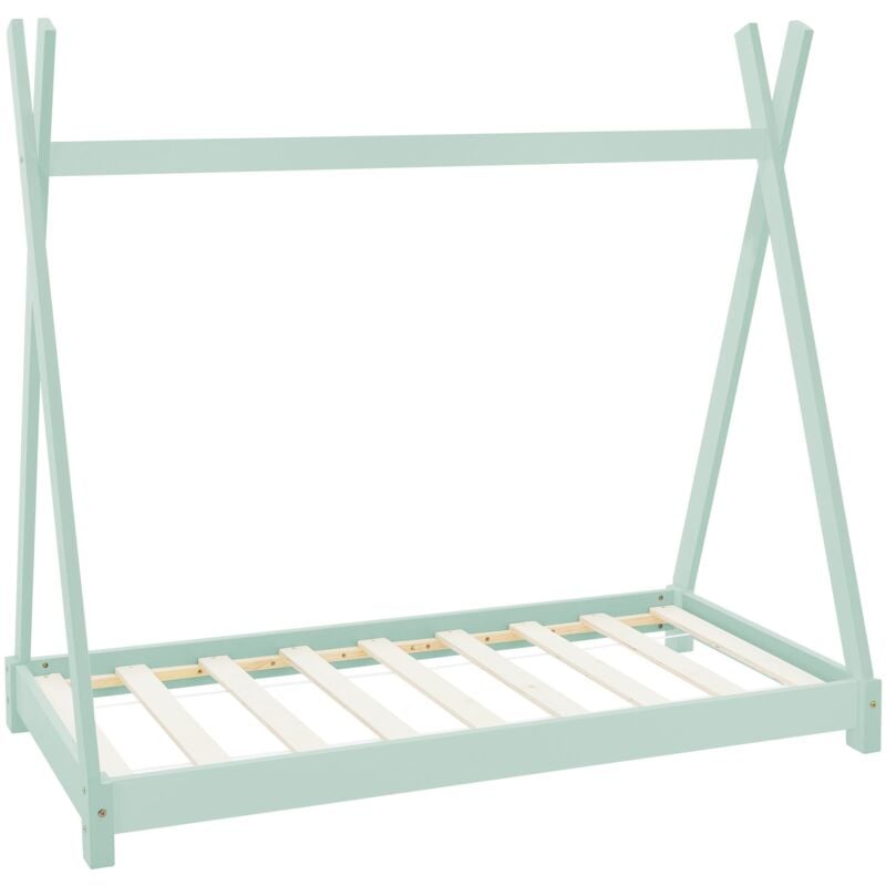 Lit d'Enfants Tipi 70x140 cm avec Sommier à Lattes, Bois Massif Menthe, Lit Tente Indien, Cadre de Lit pour Fille et Garçon, Stable, Robuste, Lit de