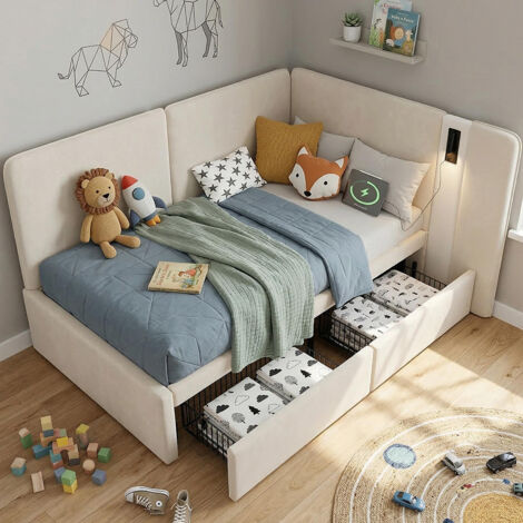 Lit d'enfant 90 x 200 cm, avec 2 tiroirs, prise USB et lampe de lecture, velours, beige