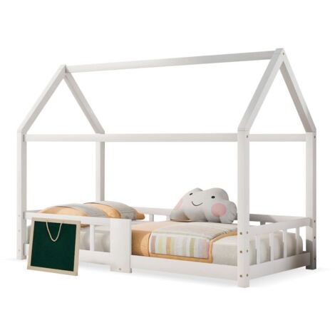 Lit d'enfant, 90 x 200 cm, cadre de lit d'enfant en bois, sommier à lattes anti-chute - Blanc