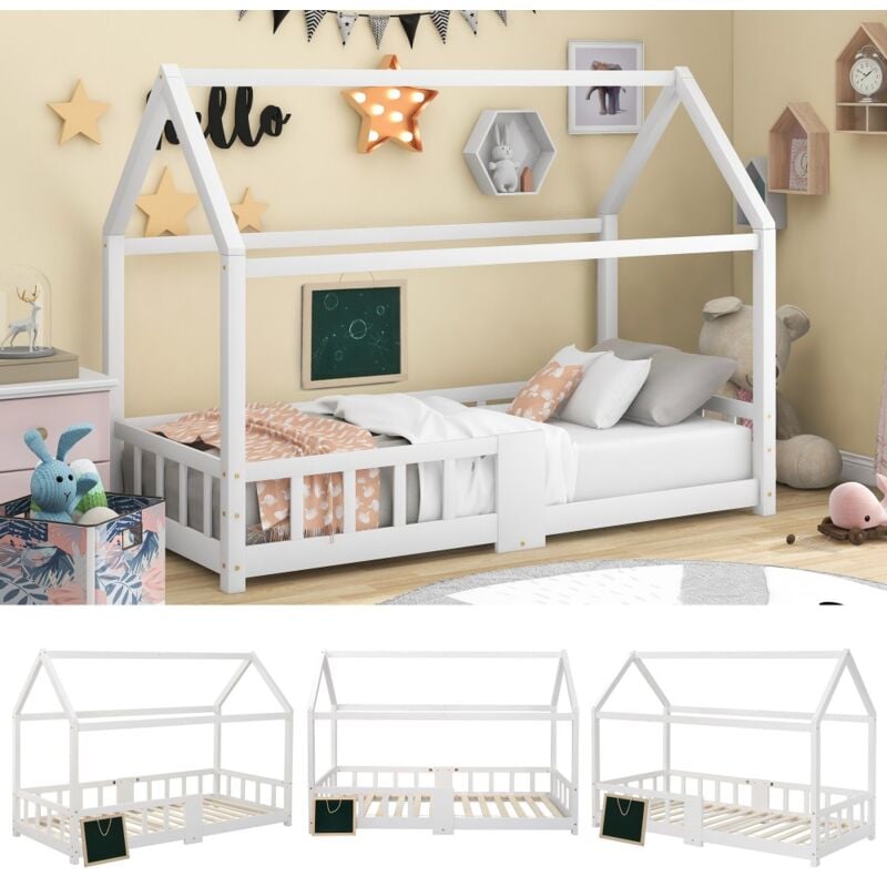 Lit d'enfant, 90 x 200 cm, cadre de lit d'enfant en bois, sommier à lattes anti-chute - Blanc